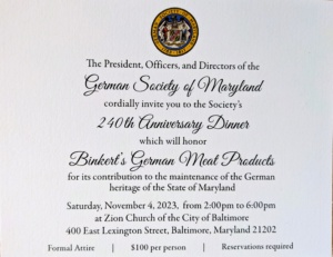 German Society of Maryland 240th Anniversary Dinner honoring Binkert's German Meat Products
