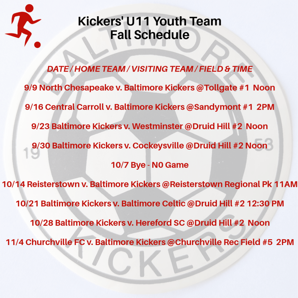 Baltimore Kickers' U11 Youth Soccer Team 2023 Fall Schedule